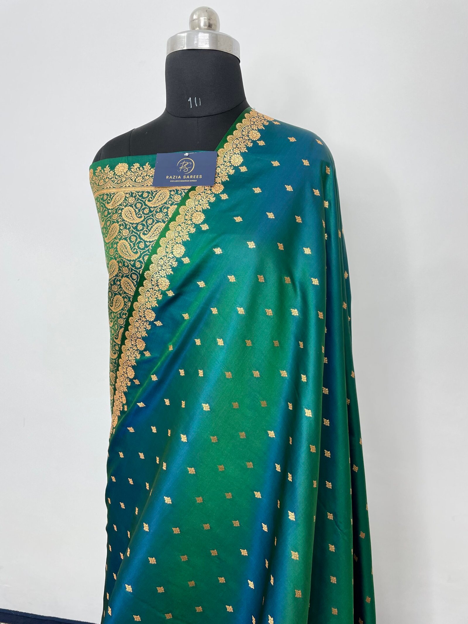 Turkish Green Designer Buti Satin Katan Silk Saree - Image 2