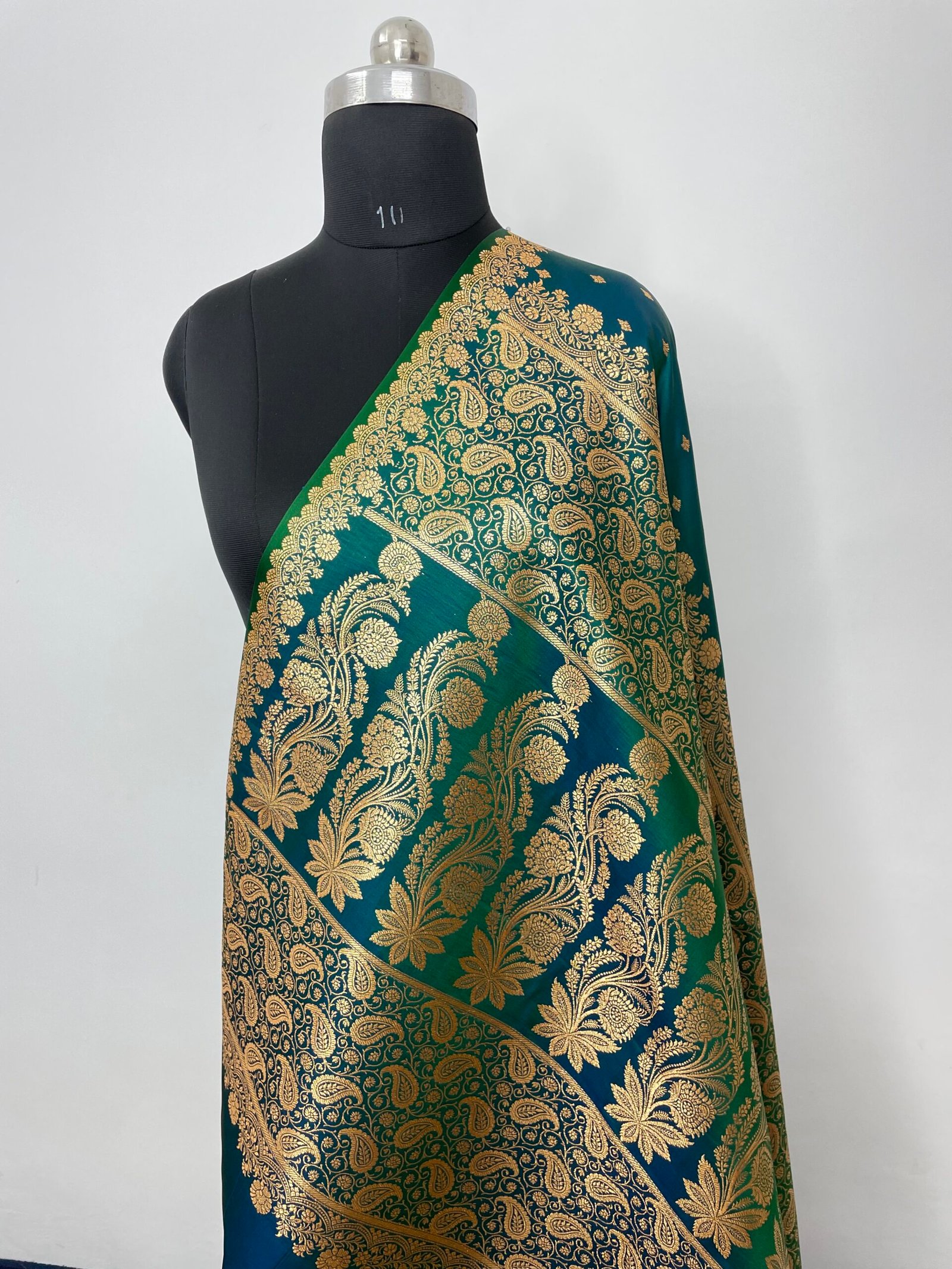 Turkish Green Designer Buti Satin Katan Silk Saree - Image 3