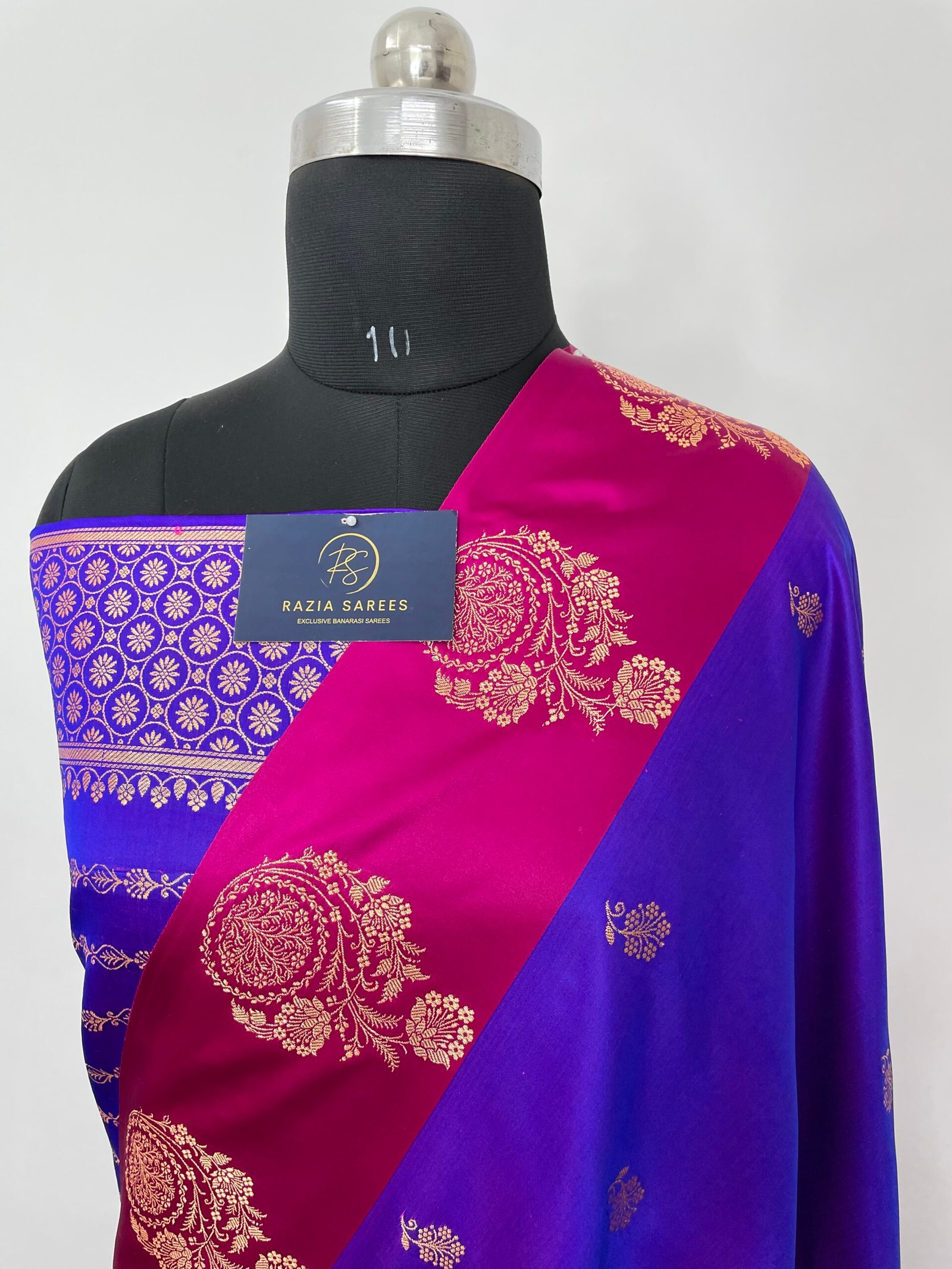 Royal Blue Rani Contrast Fancy Satan Patta Buti Satin Katan Silk Saree