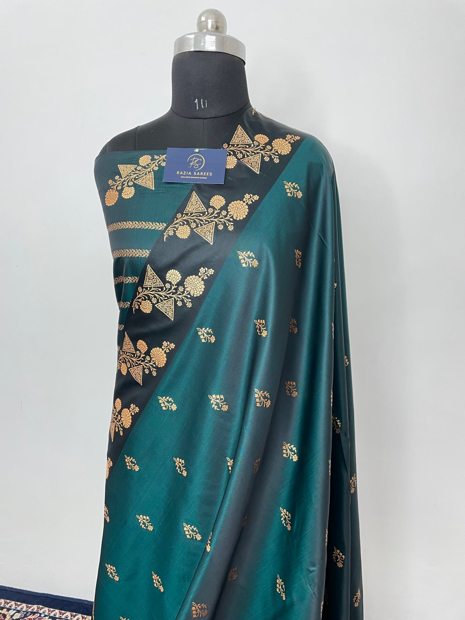 Ivory Bottle Green Fancy Satan Patta Buti Satin Katan Silk Saree - Image 2