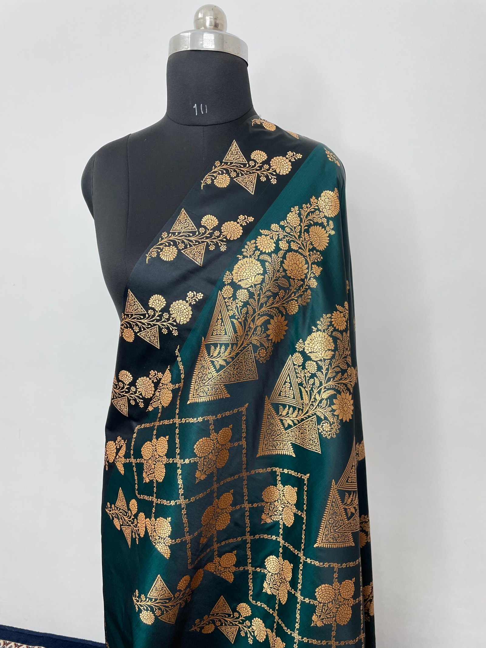 Ivory Bottle Green Fancy Satan Patta Buti Satin Katan Silk Saree - Image 3