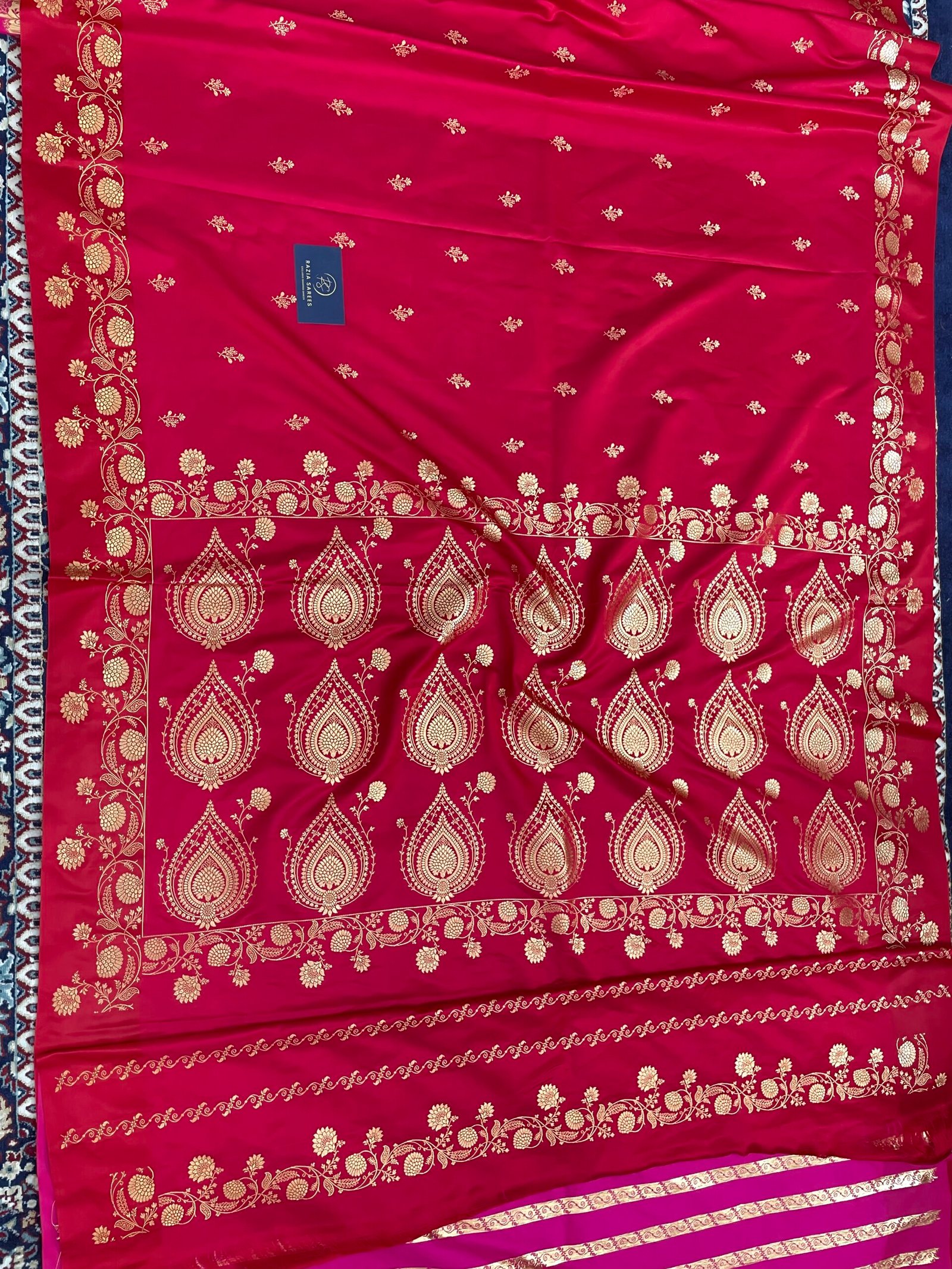 Strawberry Fancy Satan Patta Satin Katan Silk Saree - Image 3