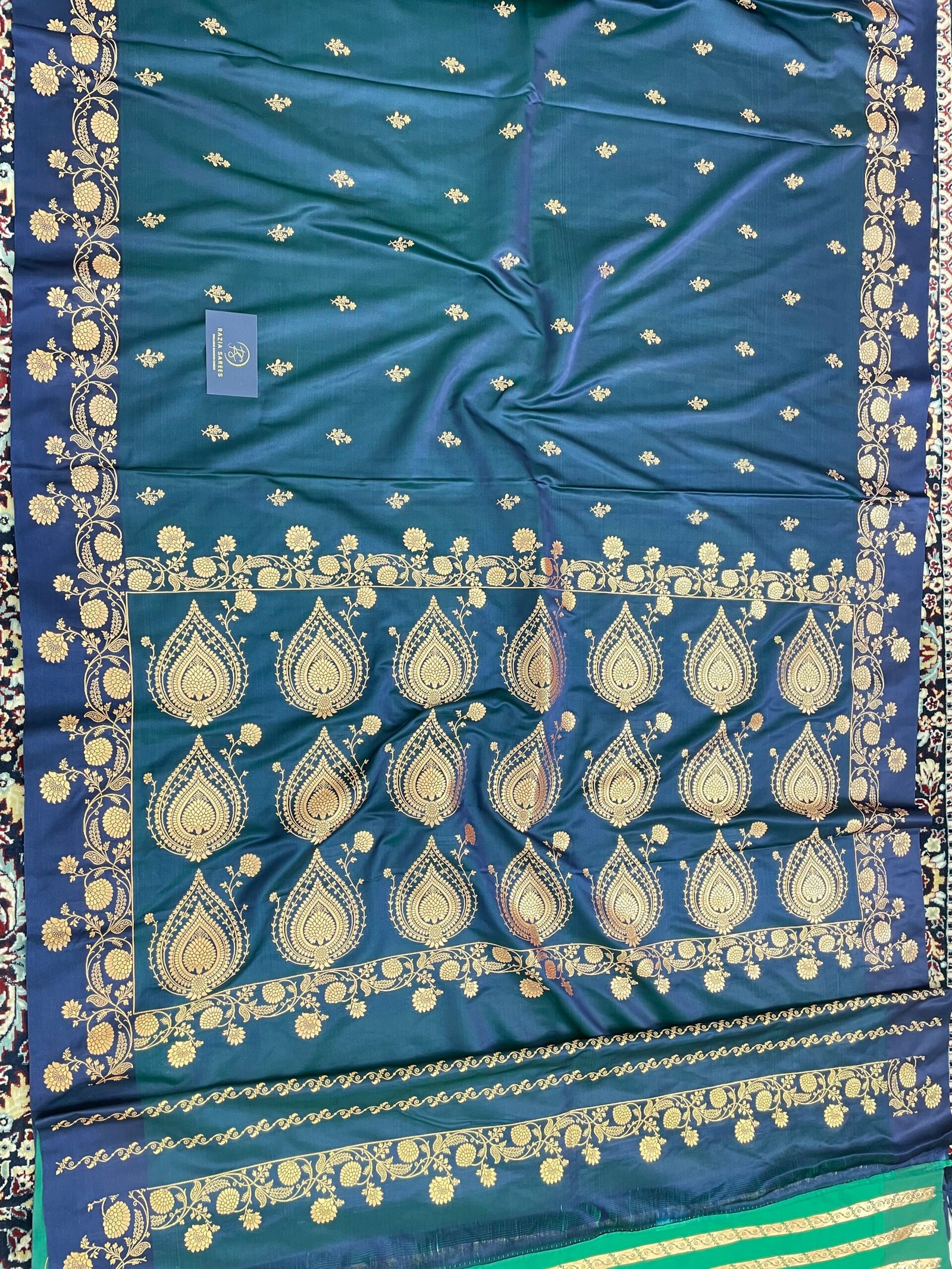 German Blue Fancy Satan Patta Satin Katan Silk Saree - Image 4