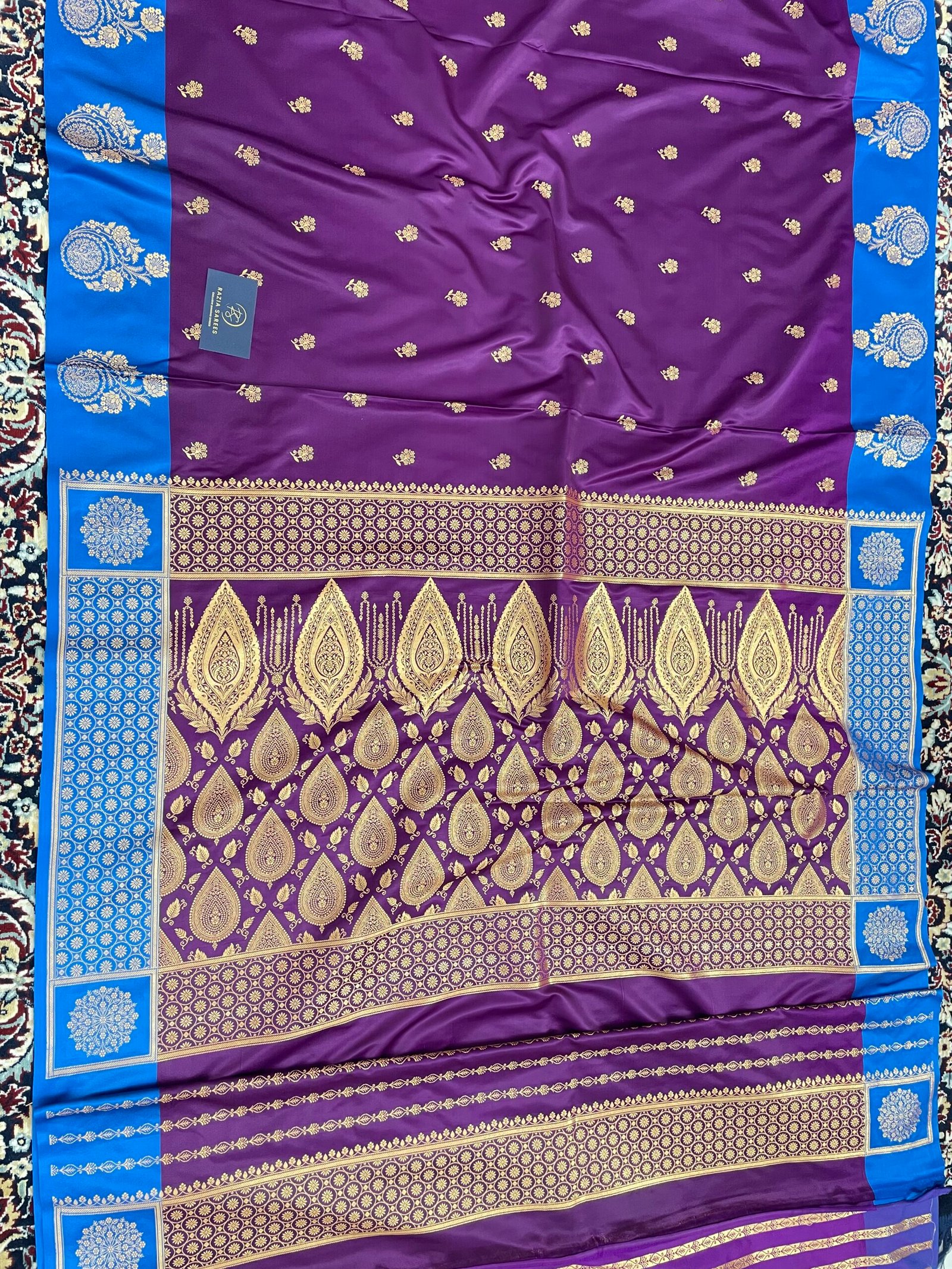 Purple Blue Contrast Fancy Satan Patta Satin Katan Silk Saree - Image 4