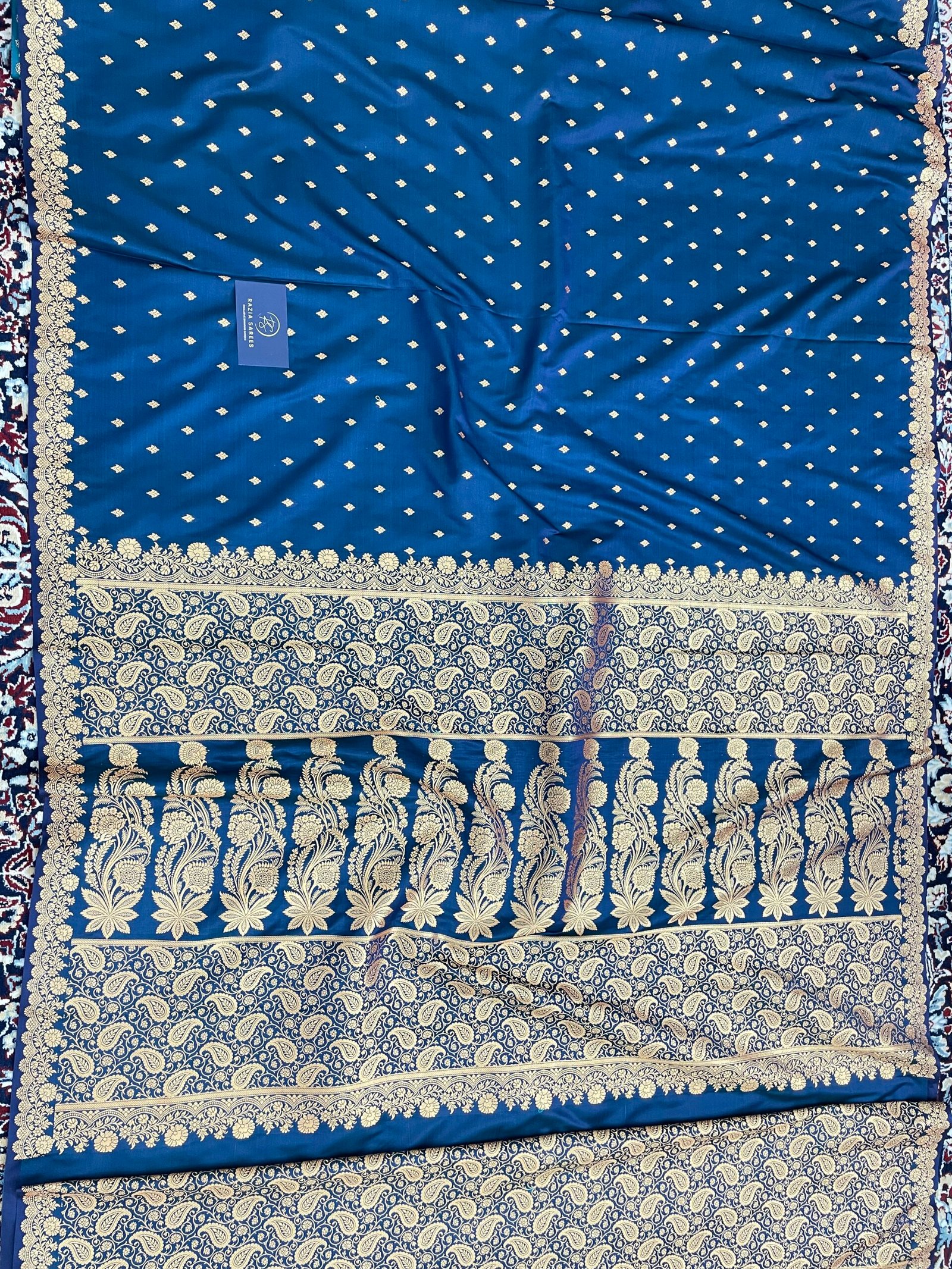 German Blue Designer Buti Satin Katan Silk Saree - Image 4