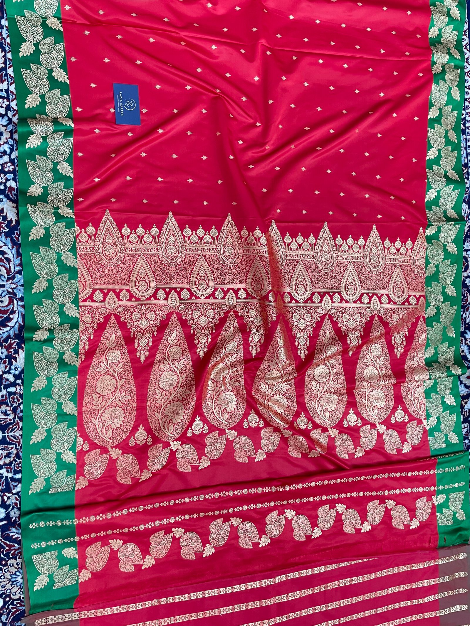 Reddish Green Contrast Fancy Patta Buti Satin Katan Silk Saree - Image 4