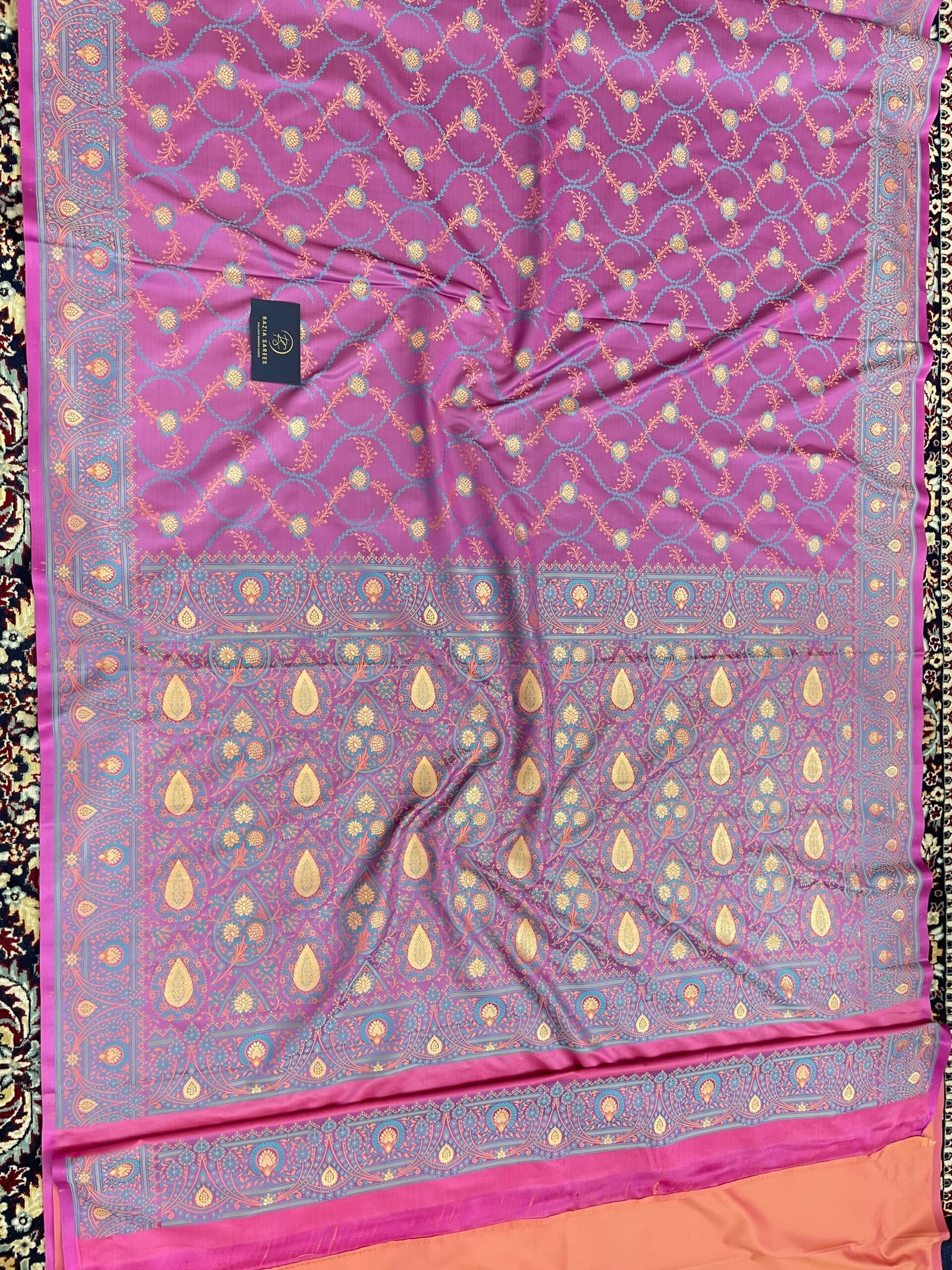 Ivory Pink Tilfi Jamawar Tanchui Mashru Katan Silk Saree - Image 4