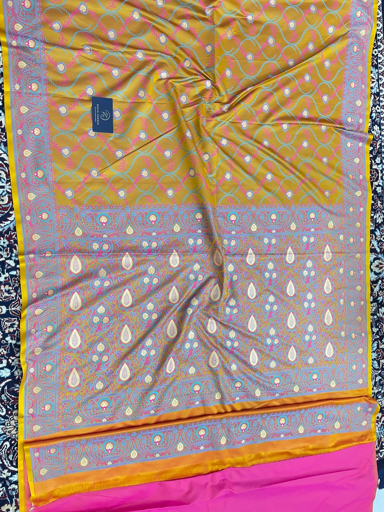 Ivory Yellow Tilfi Jamawar Tanchui Mashru Katan Silk Saree - Image 4