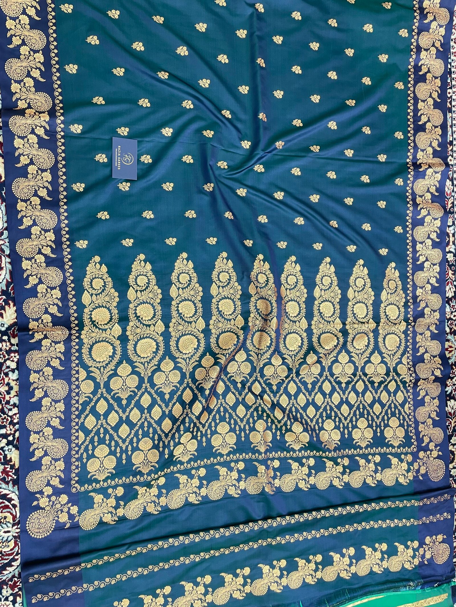 German Blue Fancy Satan Patta Buti Satin Katan Silk Saree - Image 4