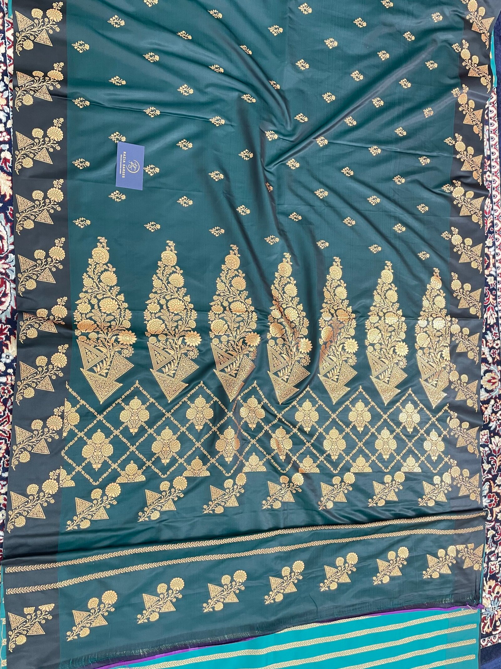 Ivory Bottle Green Fancy Satan Patta Buti Satin Katan Silk Saree - Image 4