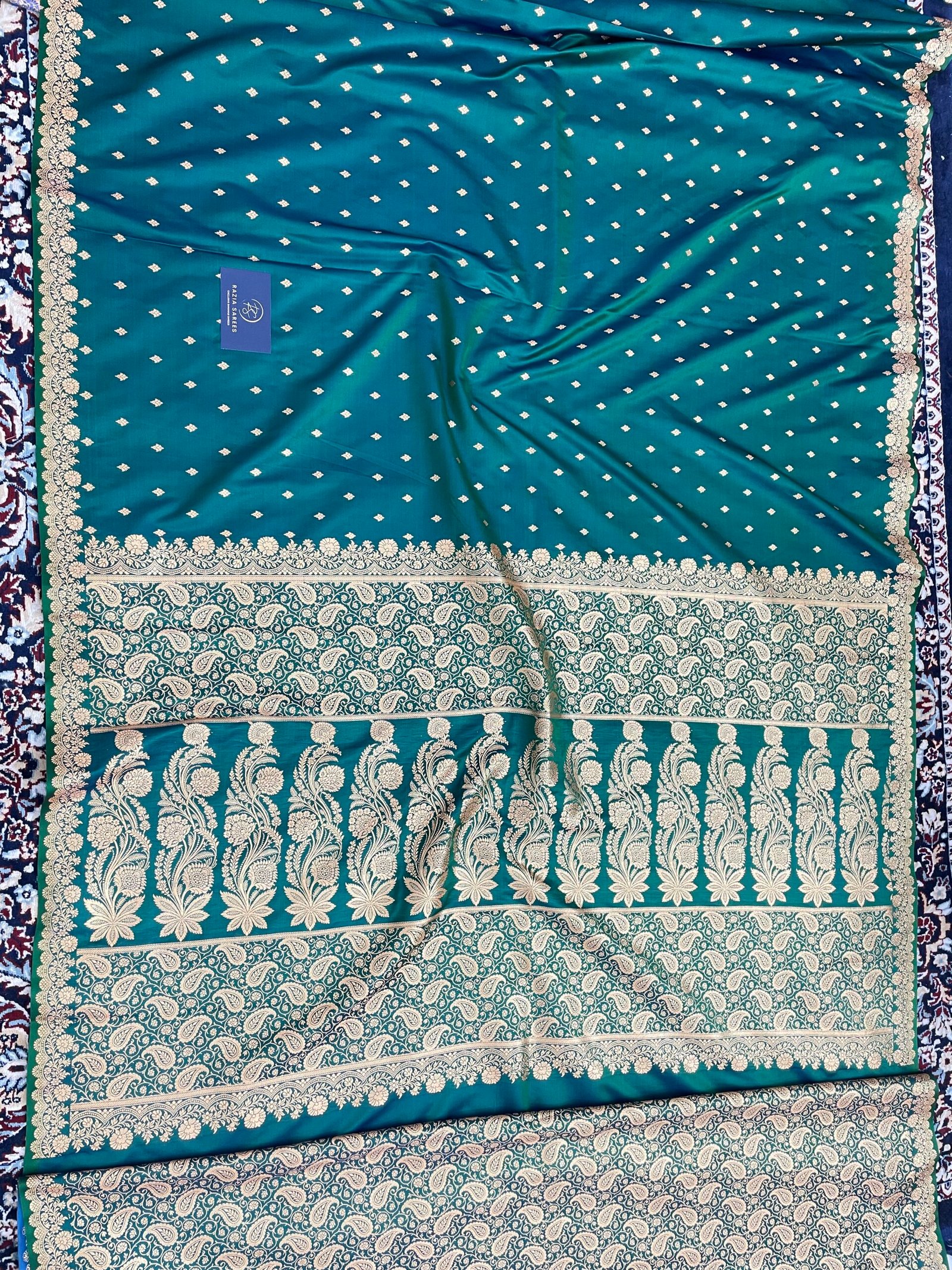 Turkish Green Designer Buti Satin Katan Silk Saree - Image 4