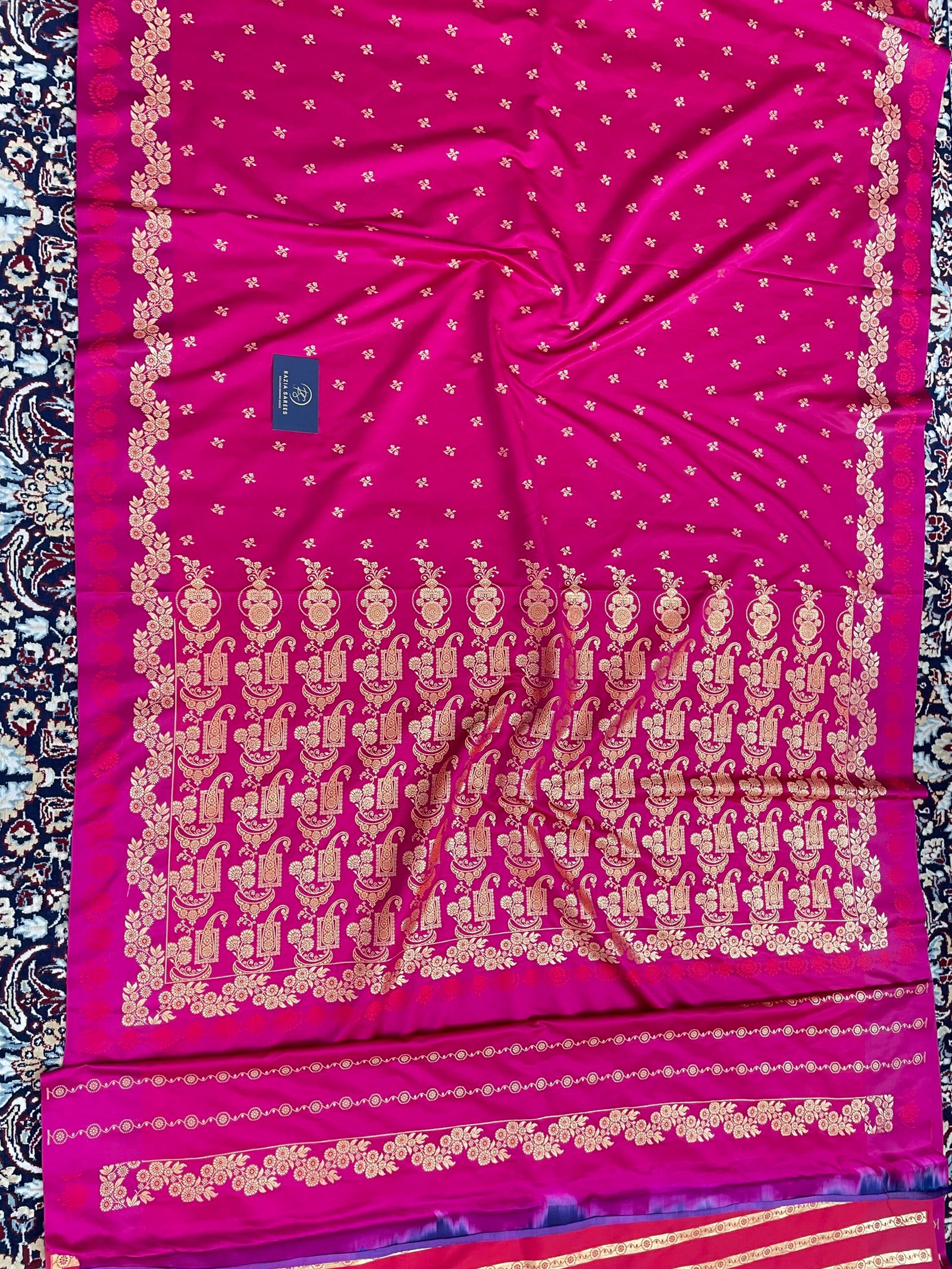 Rani Pink Fancy Satan Patta Buti Satin Katan Silk Saree - Image 4