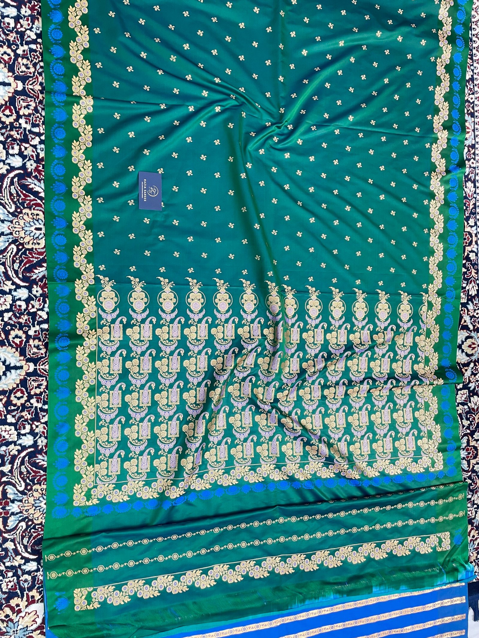 Turkish Green Fancy Satan Patta Buti Satin Katan Silk Saree - Image 4