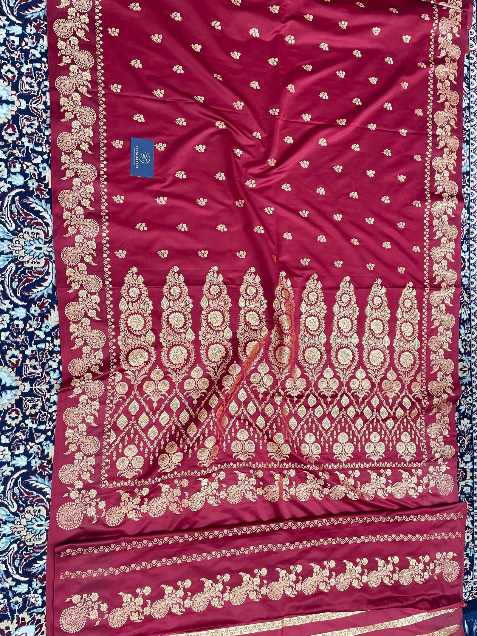 Mehroon Fancy Satan Patta Buti Satin Katan Silk Saree - Image 4