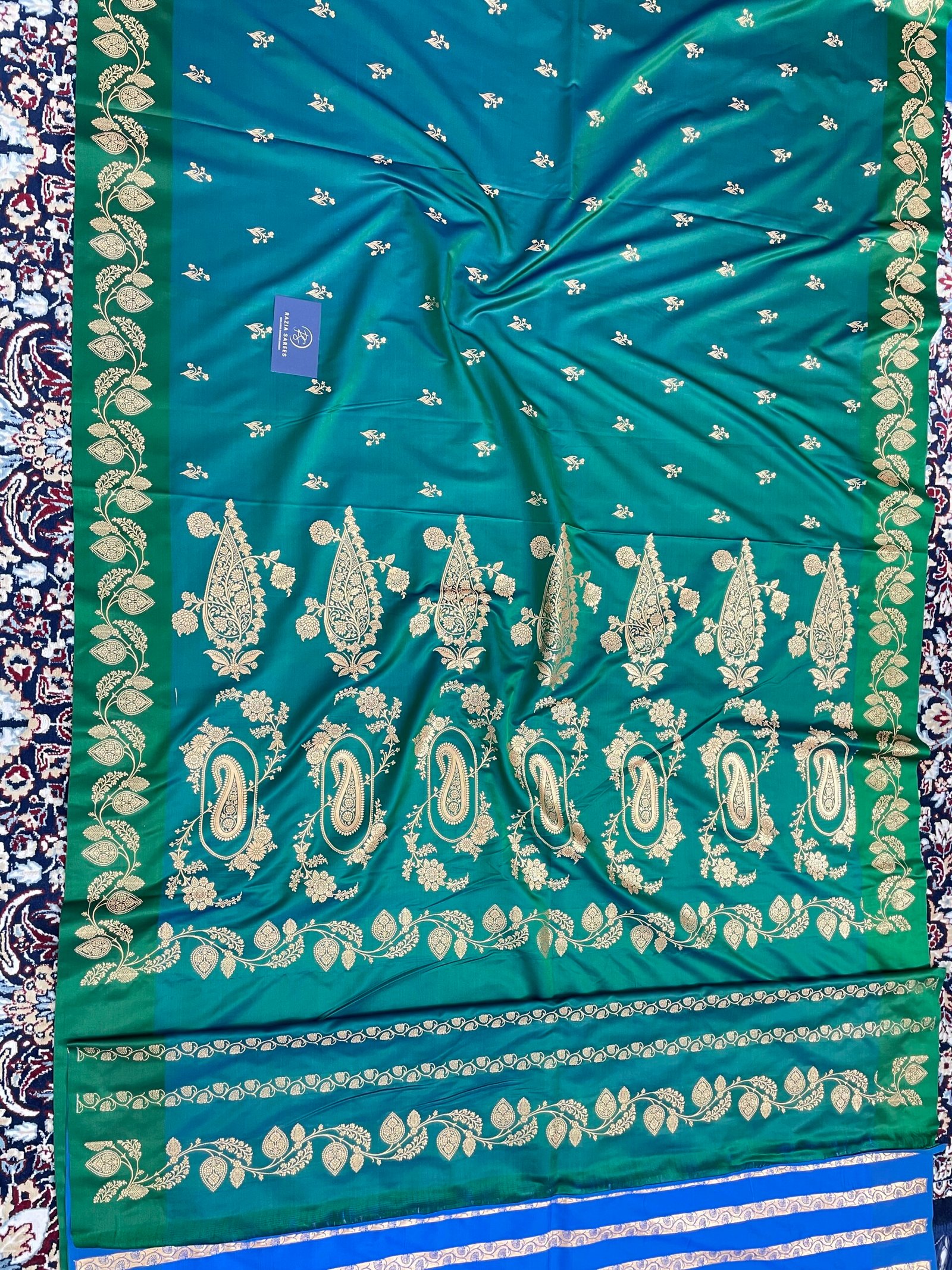 Turkish Green Fancy Satan Patta Buti Satin Katan Silk Saree - Image 4