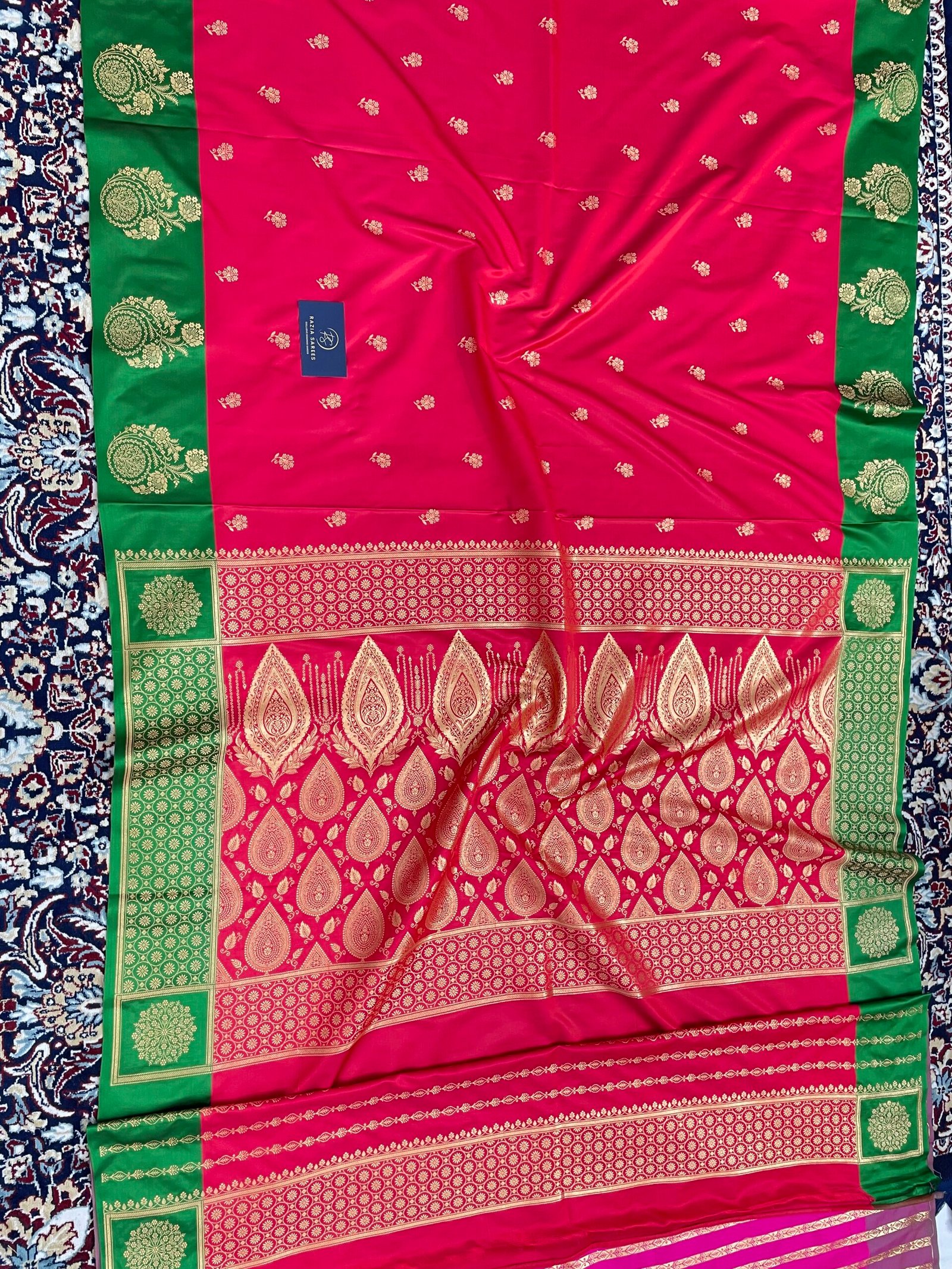 Strawberry Green Contrast Fancy Satan Patta Buti Satin Katan Silk Saree - Image 4