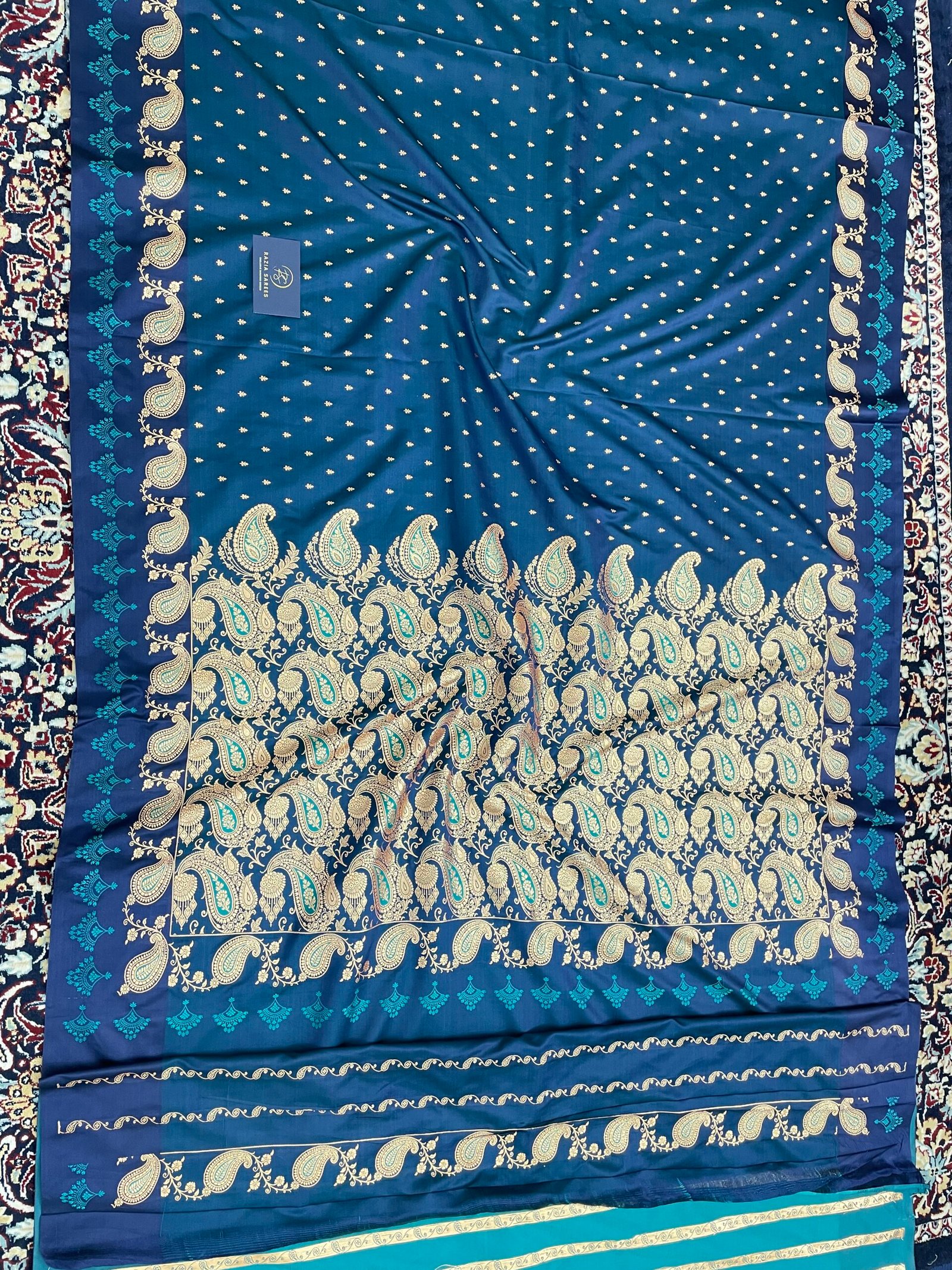 German Blue Fancy Satan Patta Buti Satin Katan Silk Saree - Image 4