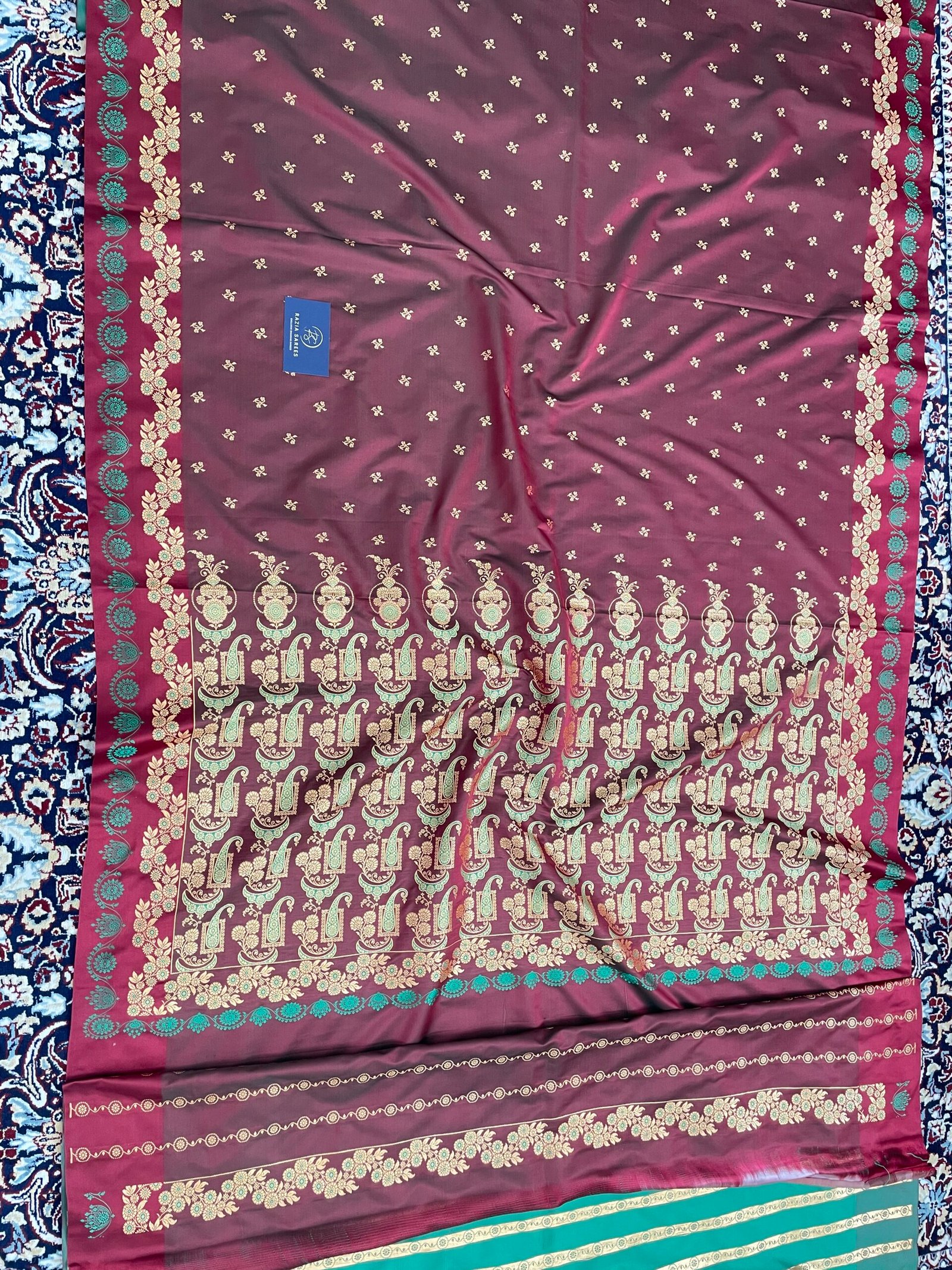 Greenish Red Fancy Satan Patta Buti Satin Katan Silk Saree - Image 4