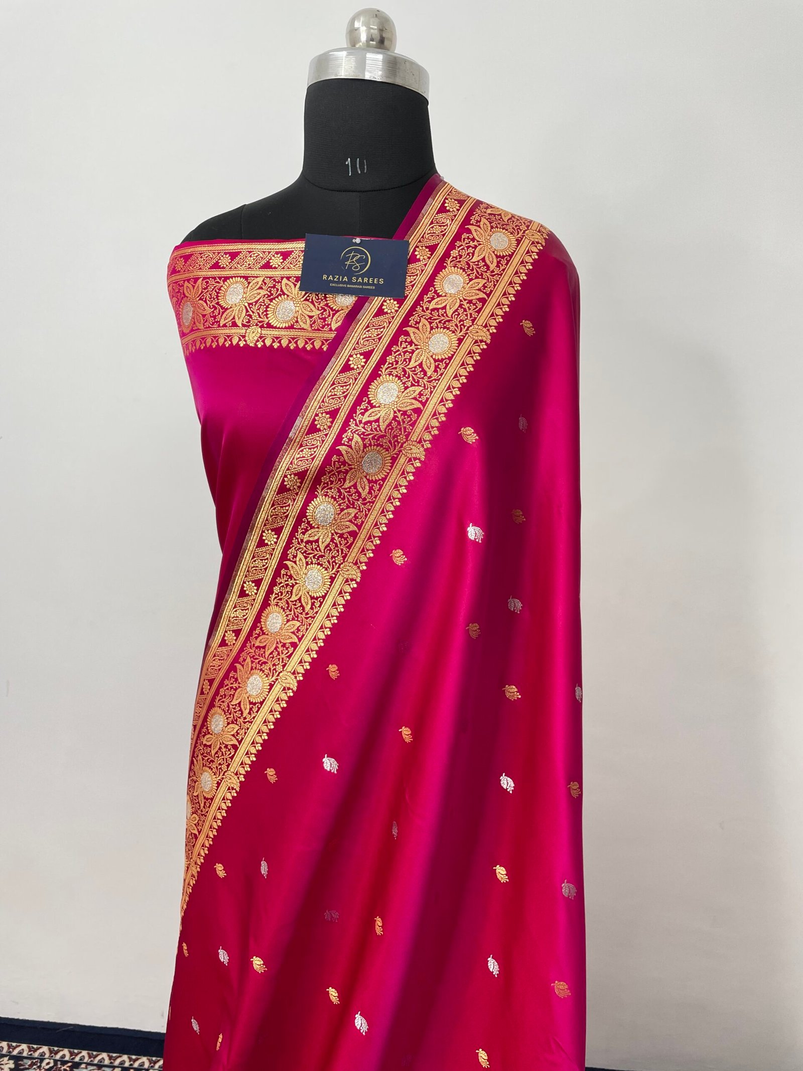 Rani Pink Silver Gold Designer Meenakari Buti Satin Katan Silk - Image 2