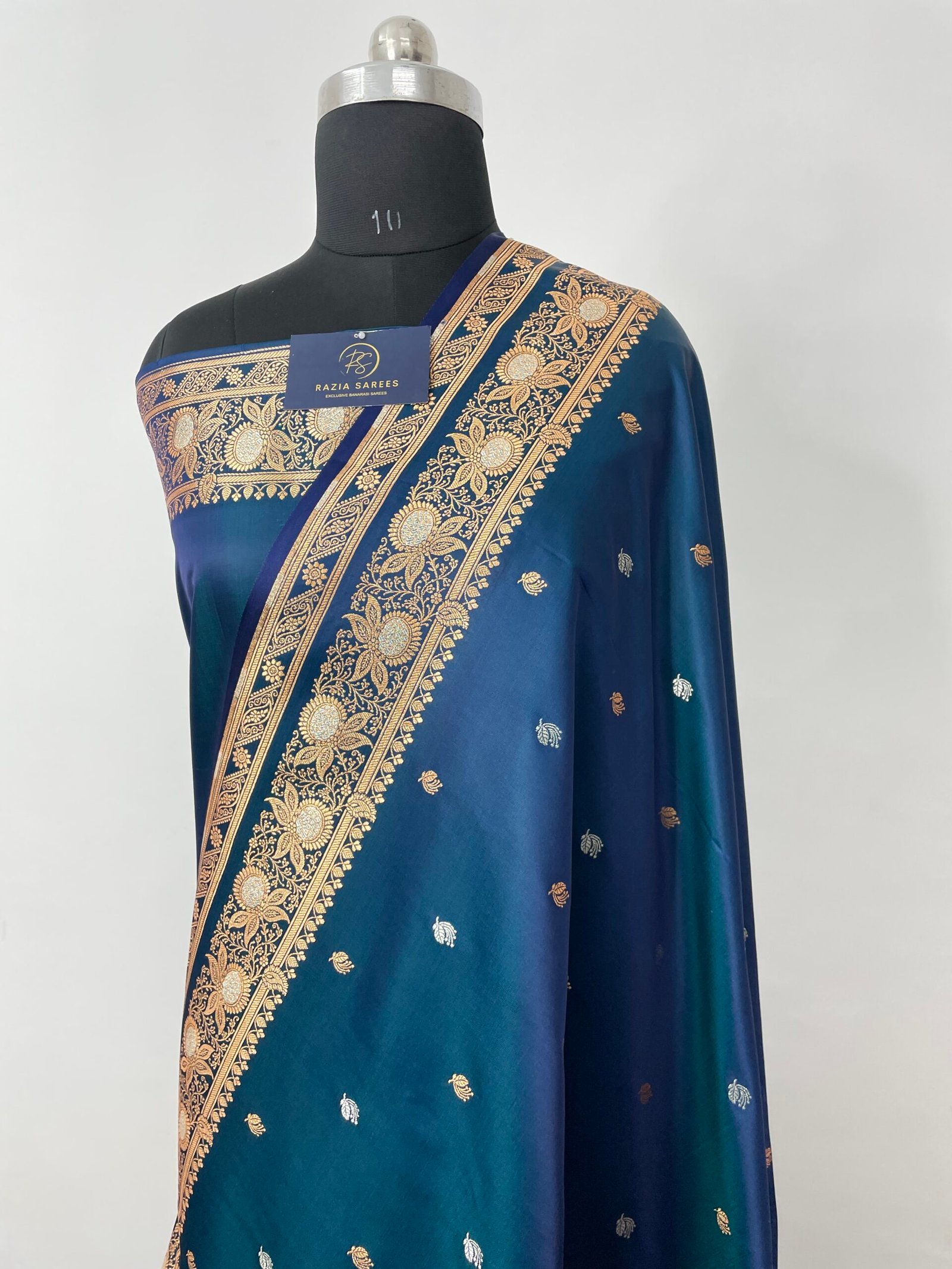German Blue Silver Gold Designer Meenakari Buti Satin Katan Silk - Image 2