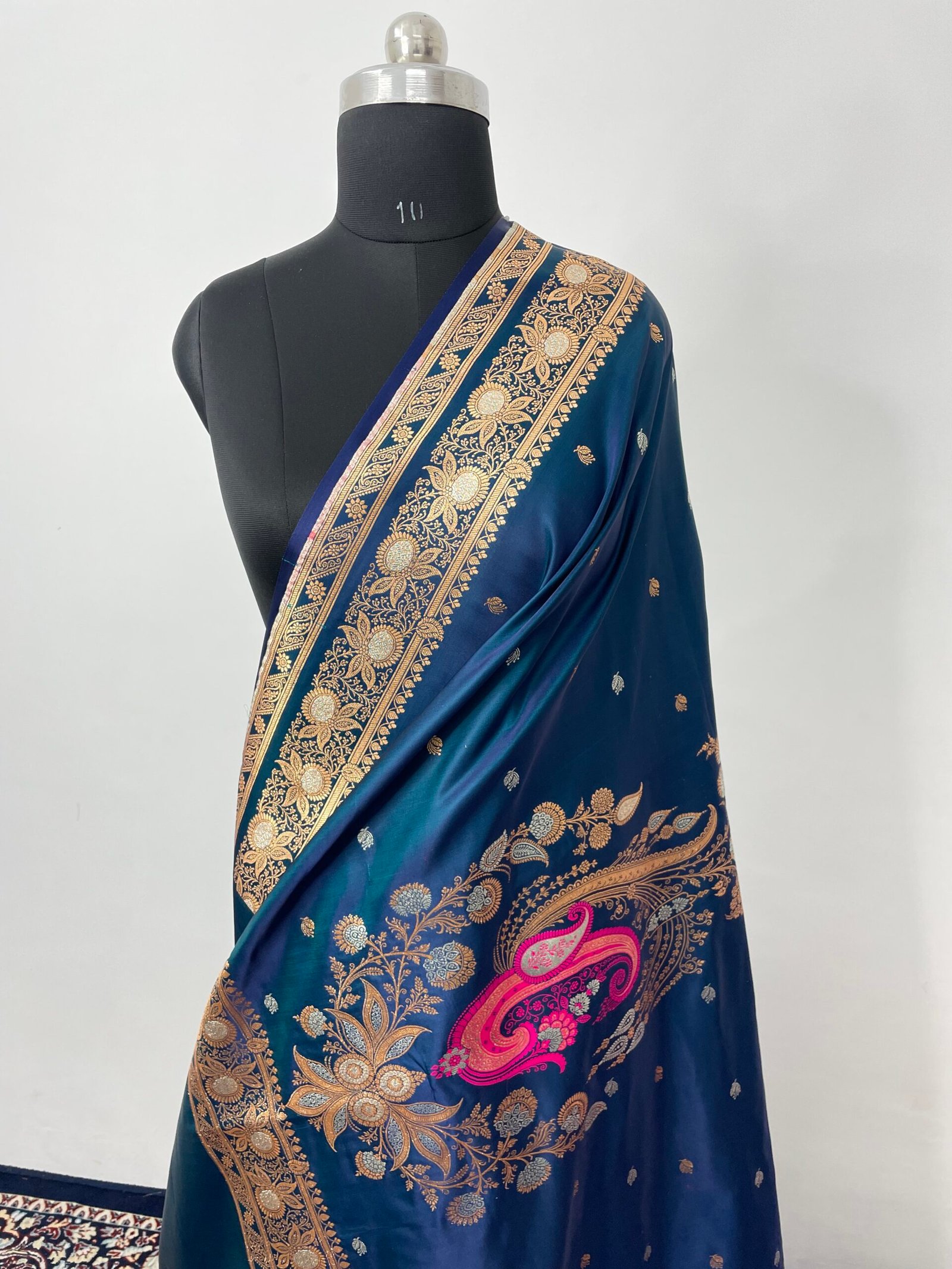 German Blue Silver Gold Designer Meenakari Buti Satin Katan Silk - Image 3