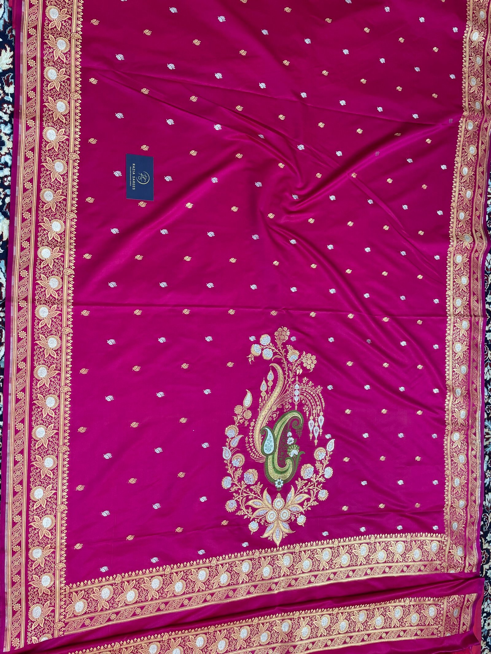 Rani Pink Silver Gold Designer Meenakari Buti Satin Katan Silk - Image 4