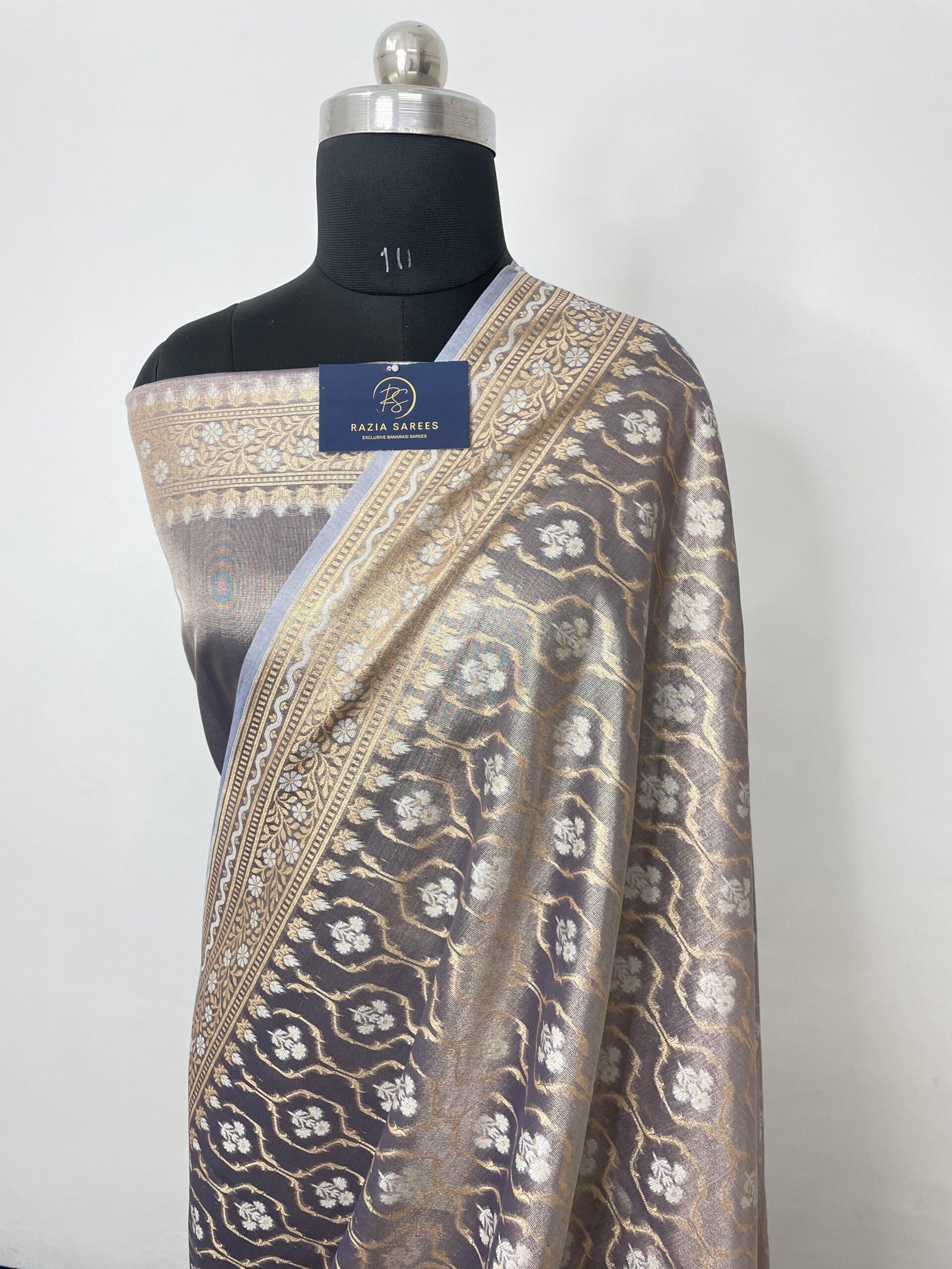 Dual Tone Navy Blue Premium Jamdani Tissue Silk Saree - Image 2