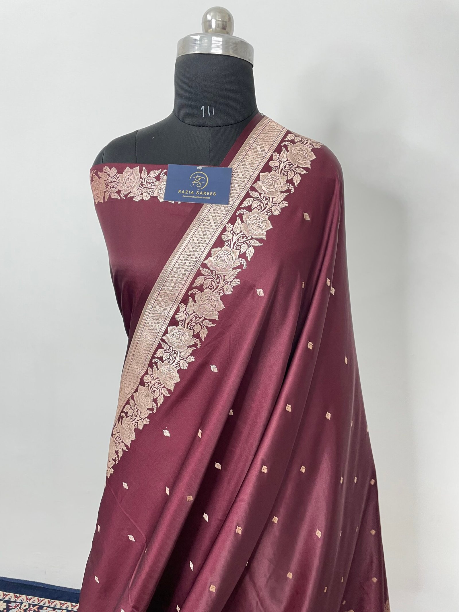 Ivory Wine Mashru Katan Silk Saree - Image 2